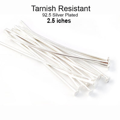 50 pcs head pins 2.5 inches long, tarnish Resistant Silver 92.5 plated on brass material