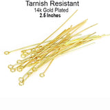 100 pcs Eye pins 2.5 inches long, tarnish Resistant Gold plated on brass material