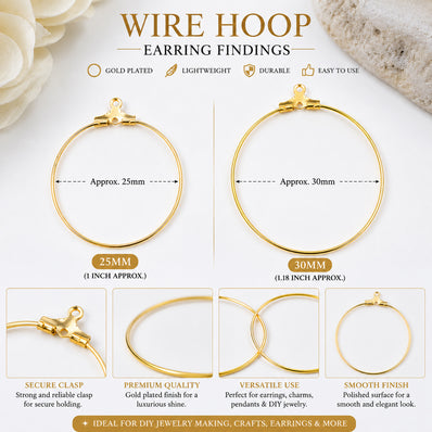 20pcs (10 Pairs) Gold Plated Wire Hoop Earring Findings 25mm | Round Hoop Earring Making Findings | Lightweight DIY Jewelry Supplies
