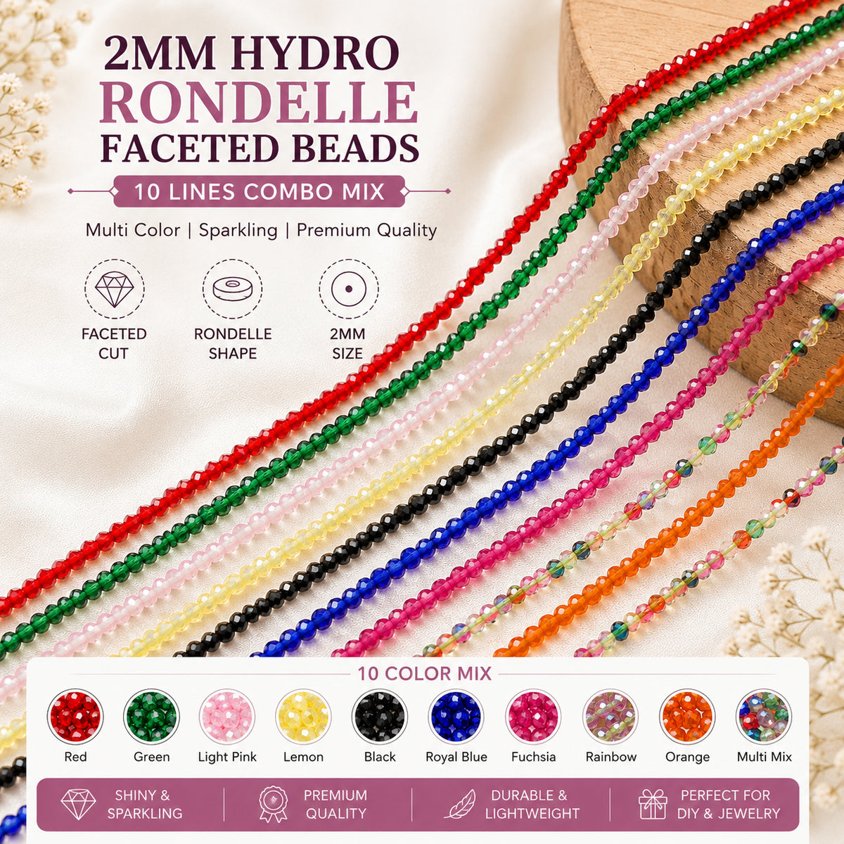 10LINES MIX PACK' 2 MM MINI HYDRO BEADS' 14-15 INCHES LONG Valu Pack