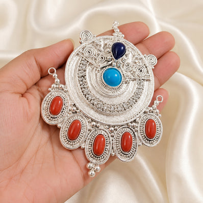 Extra Large Tribal Silver Pendant with Colorful Stones | Boho Statement Pendant for Jewelry Making | Ethnic Necklace Pendant Charm