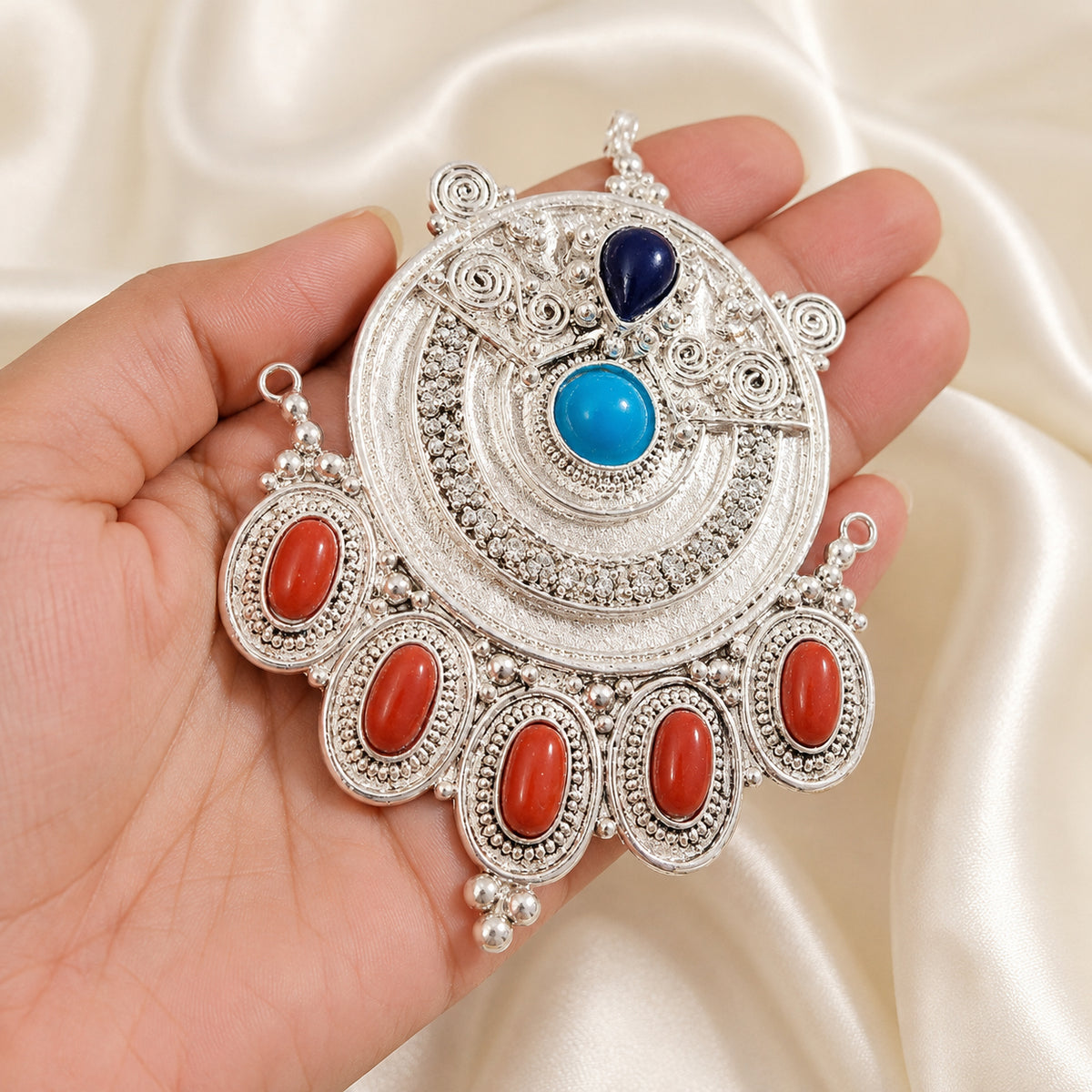 Extra Large Tribal Silver Pendant with Colorful Stones | Boho Statement Pendant for Jewelry Making | Ethnic Necklace Pendant Charm