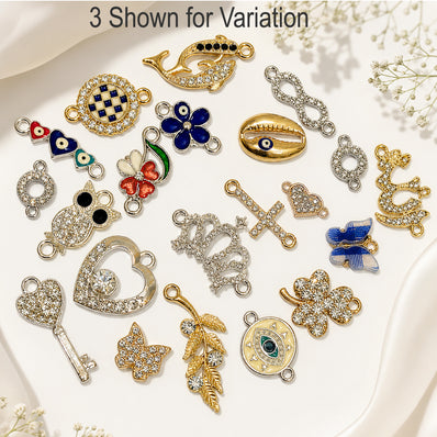 50 Pcs Mixed Stone Inlay Charms Best Quality  | Premium Gold & Silver Plated Crystal Enamel Assorted Charms | Random Mix for Jewelry Making