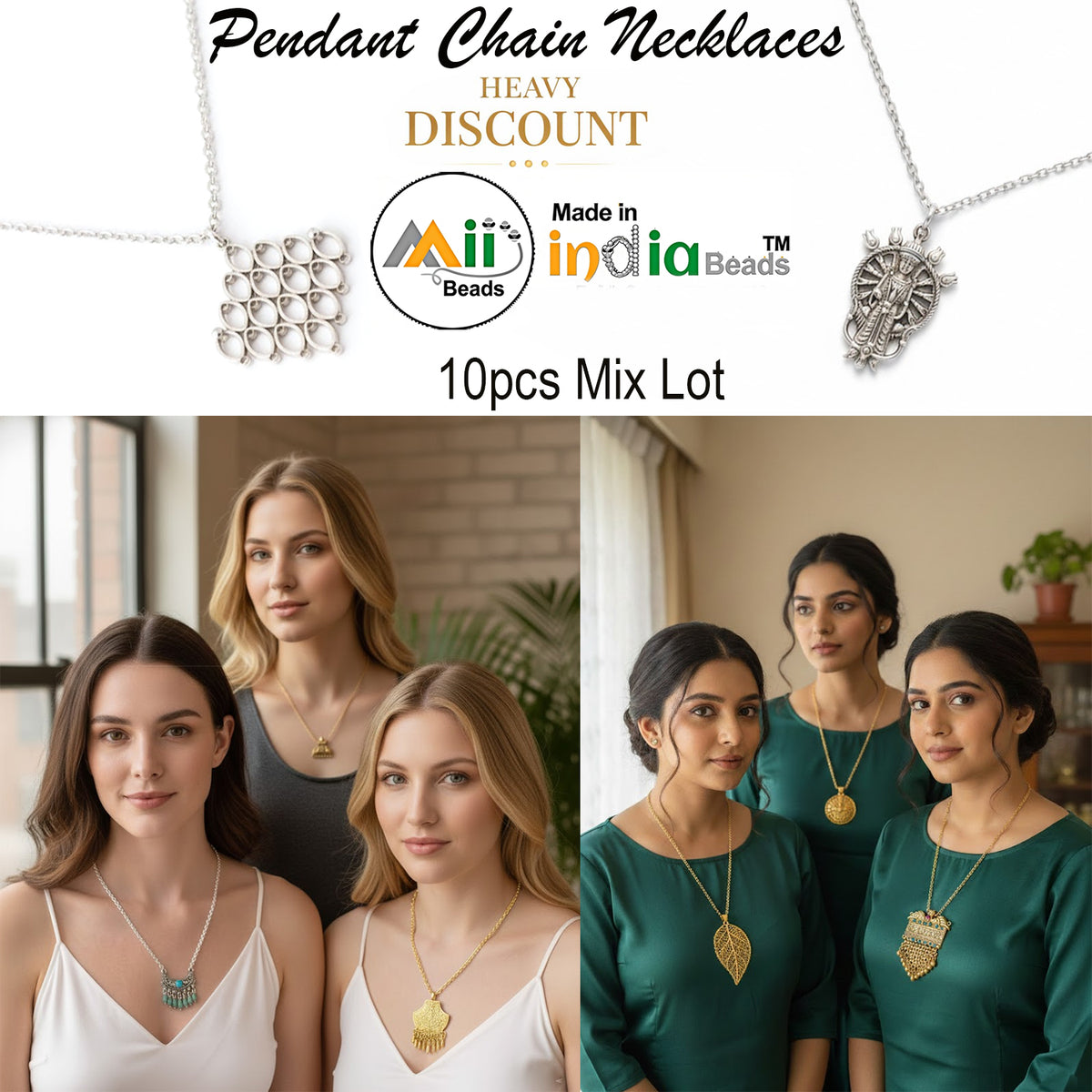 10pcs Wholesale Lot, Chain Pendant Necklaces – Silver & Gold Plated | Random Mix Designs | Unbeatable Price