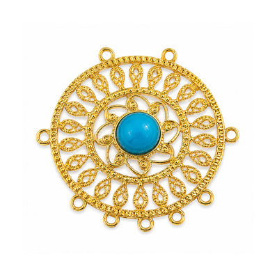 Gold Filigree Round Connector4 Pieces Pack | Pendant with Turquoise Stone 60mm | Multi Loop Jewelry Connector | DIY Necklace Pendant