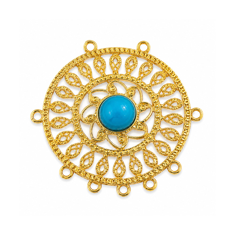 Gold Filigree Round Connector4 Pieces Pack | Pendant with Turquoise Stone 60mm | Multi Loop Jewelry Connector | DIY Necklace Pendant