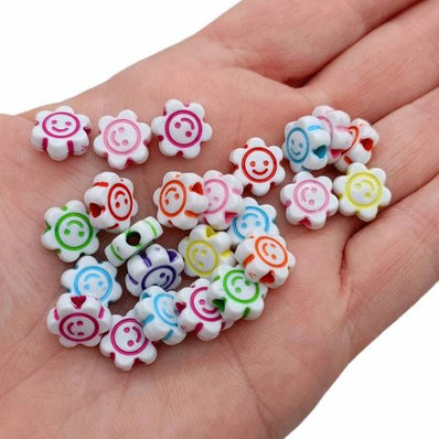 100 PIECES PACK' 9-10 MM' COLORFUL SMILEY ACRYLIC BEADS SUN FLOWER SHAPE LOOSE SPACER BEADS FOR JEWELRY MAKING HANDMADE DIY BRACELET NECKLACE ACCESSORIES