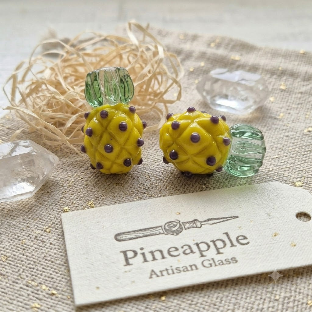 Yellow Pineapple Lampwork Glass Beads | Handmade Artisan Fruit Beads | Jewelry Making Supplies | Pack of 3 Pieces