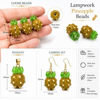 Mustard Pineapple Lampwork Glass Beads | Handmade Artisan Fruit Beads | Jewelry Making Supplies | Pack of 3 Pieces