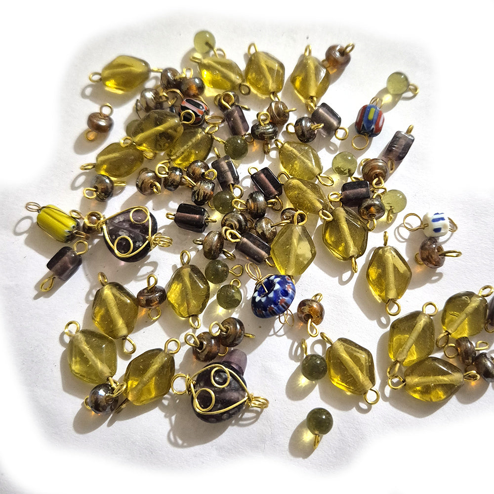 100 pcs lot, glass charms mostly brown color made with brass wire