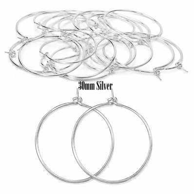 30mm Silver Plated Stainless Steel Material Hoop Earring Findings – Pack of 40 Pieces | Thin Round Hoops for DIY Jewelry Making, Charms, Beads, Pearl & Pendant Earrings