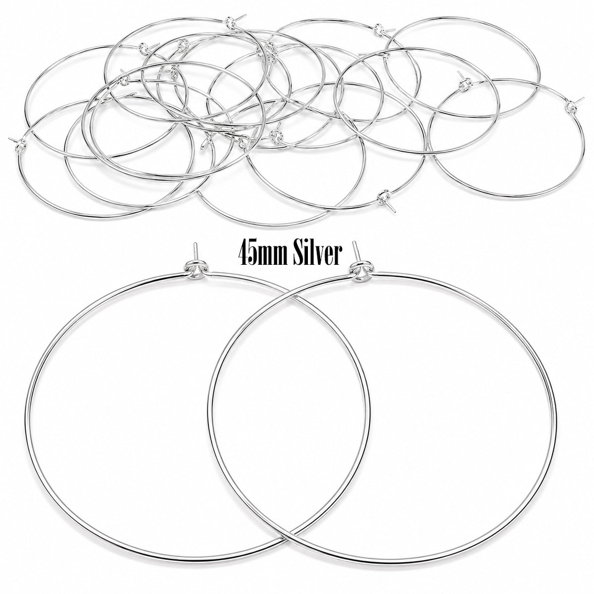 45mm Silver Plated Stainless Steel Hoop Earring Findings – Pack of 40 Pieces | Thin Round Hoops for DIY Jewelry Making, Charms, Beads, Pearl & Pendant Earrings