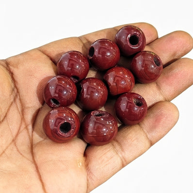 16-17 mm Dark Maroon Round Trade Glass Beads – 10 Pieces Pack | Handmade Vintage Glass Beads for Jewelry Making