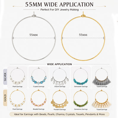 55mm Silver Plated Stainless Steel Wire Hoop Earring Making Findings Components – Pack of 40 Pieces (20 Pairs) | Thin Round Hoops for DIY Jewelry Making