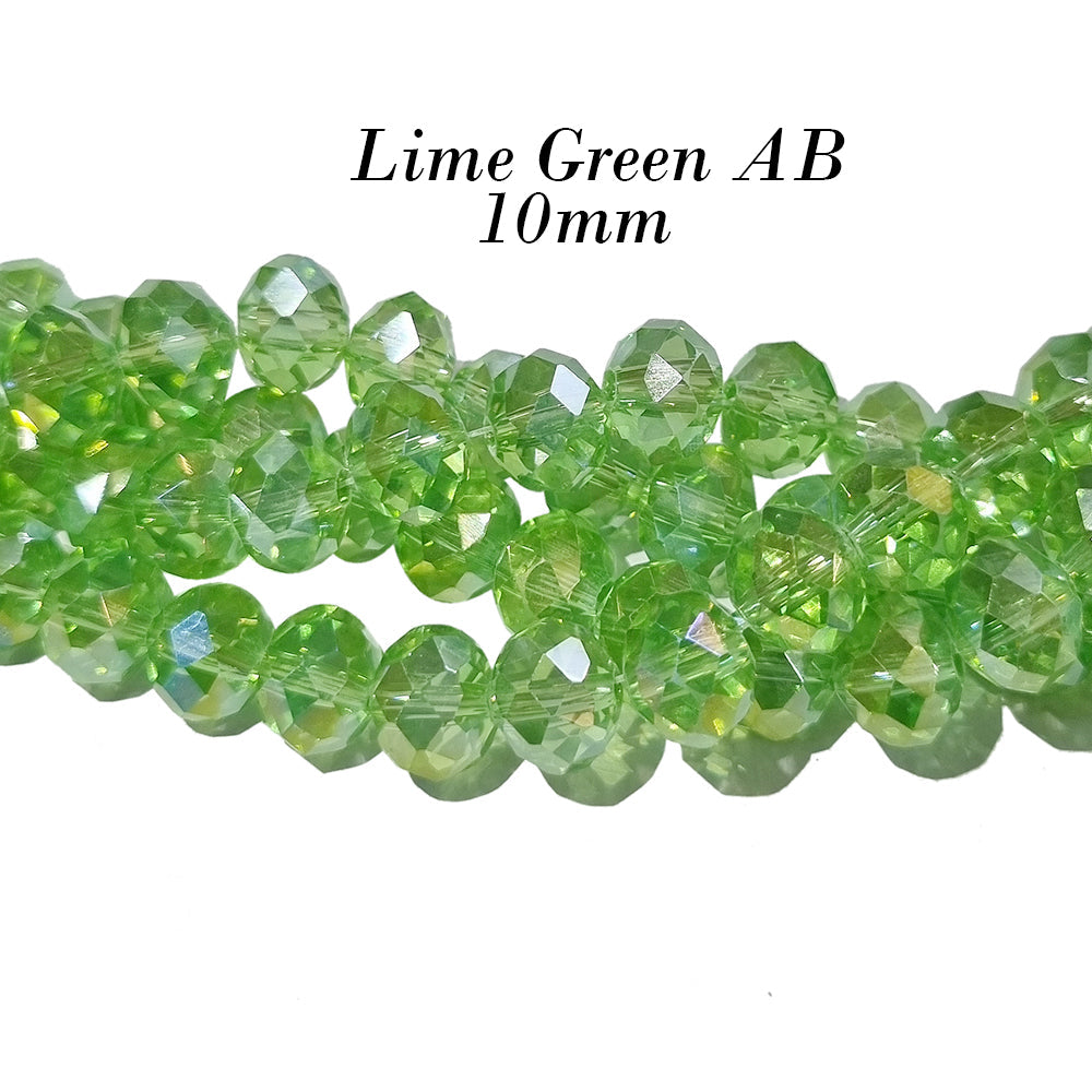 Lime Green AB PER LINE 10MM FACETED OPAQUE RONDELLE SHAPED CRYSTAL BEADS, Strand Length -( Approximately 58~60 Beads)