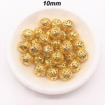 50pcs,10mm Size Hollow Ball (Jali Ball) Flower Beads Metal Charms Gold Plated Filigree Spacer Beads For Jewelry Making