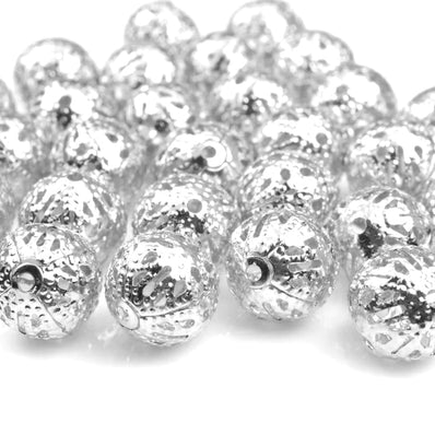 50pcs,10mm Size Hollow Ball (Jali Ball) Flower Beads Metal Charms Silver Plated Filigree Spacer Beads For Jewelry Making