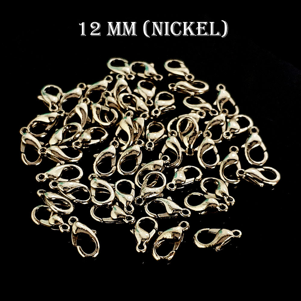 12 MM SIZE, LOBSTER CLASPS, NICKEL PLATED, MATERIAL ZINC, SOLD BY PER PKG OF 20 PIECES USED IN JEWELLERY MAKING.