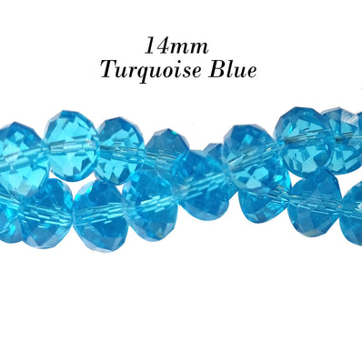 14MM RONDELLE SHAPE, TurquoiseTRANSPARENT COLOR, CRYSTAL GLASS BEADS, SOLD PER 25 Beads Loose