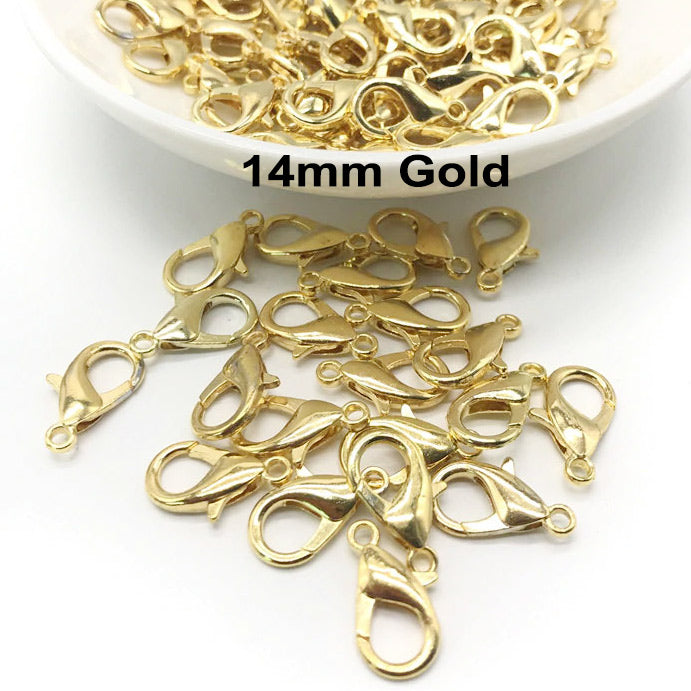 14 MM SIZE, LOBSTER CLASPS, GOLD PLATED, MATERIAL ZINC, SOLD BY PER PKG OF 10 PIECES USED IN JEWELLERY MAKING.