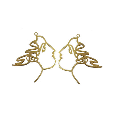 2 Pcs Pack, Face Silhouette Lady Earrings Gold Brass Antique Drop Style
