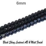 6mm Black Round Shiny, Matt and AB Finish Sold Per Combo Strands