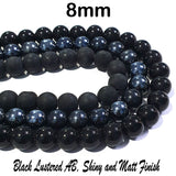 8mm Round Black Combo Glass Beads Matt, Shiny and AB effect