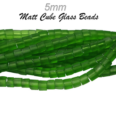 4 Strands/Line each 16" Green Matt Dull Frosted Finish,  Cube Shape, glass beads for jewellery