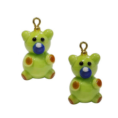 2/Pcs Pkg. Lot, Teddy Bear Charms Lampworked Glass Beads, Size about 25 milimeter, Color Green
