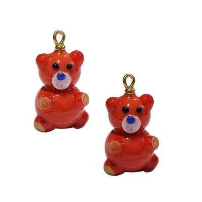 2/Pcs Pkg. Lot, Teddy Bear Charms Lampworked Glass Beads, Size about 25 milimeter, Color Red