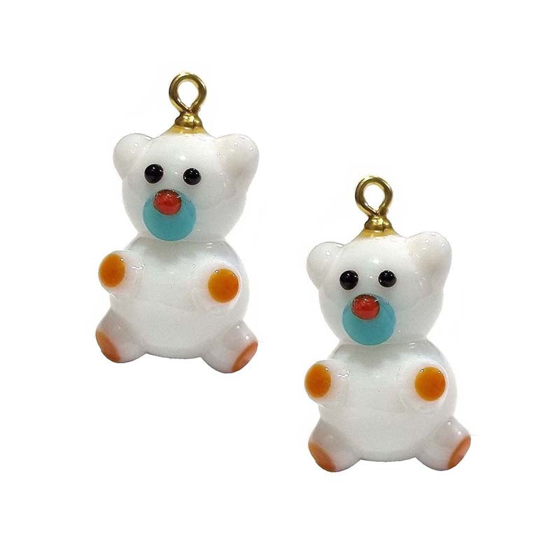 2/Pcs Pkg. Lot, Teddy Bear Charms Lampworked Glass Beads, Size