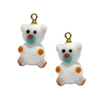 2/Pcs Pkg. Lot, Teddy Bear Charms Lampworked Glass Beads, Size about 25 milimeter, Color White
