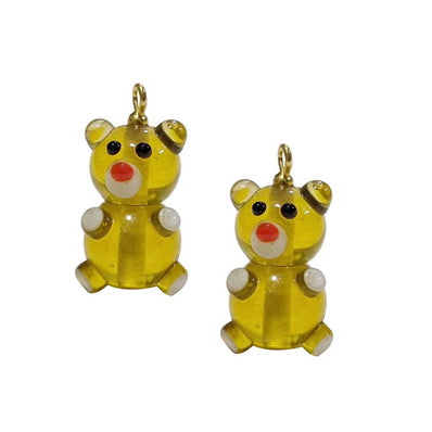 2/Pcs Pkg. Lot, Teddy Bear Charms Lampworked Glass Beads, Size about 25 milimeter, Color Yellow