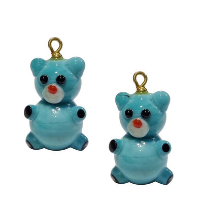 2/Pcs Pkg. Lot, Teddy Bear Charms Lampworked Glass Beads, Size about 25 milimeter, Color Teal Turquoise