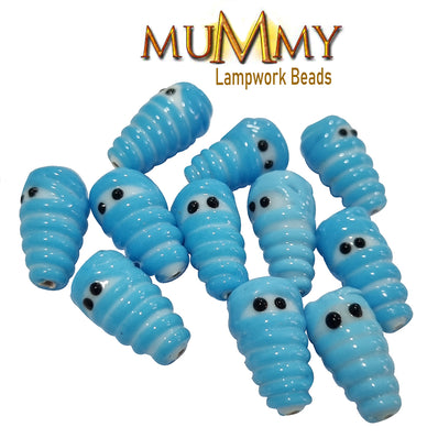 12/PCS PKG. HANDMADE LAMPWORK GLASS BEADS ARTISTIC MUMMY TEAL TURQUOISE COLOR