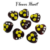 10 Pcs Pkg. Flower Heart Very Dark Maroon and yellow flower with white dots in size about 15mm