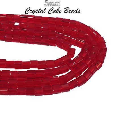 Red Color, 2 Lines/ Strands, 5mm Size, Crystal Cube glass beads