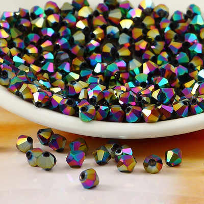 576 Pcs Beads in 4 mm Size, Bi cone Shape Glass Beads Rainbow Black Metallic