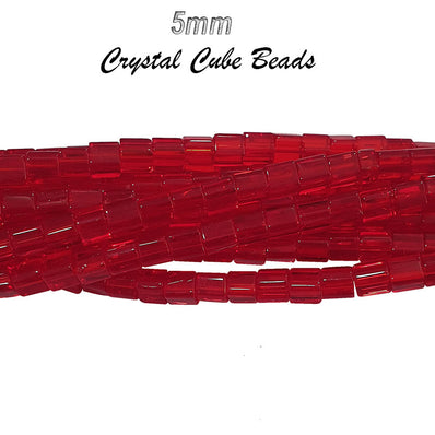 Red Color, 2 Lines/ Strands, 5mm Size, Crystal Cube glass beads