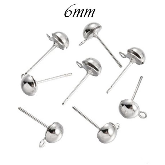10 PIECES PACK' 6MM Round Half Ball Studs Post Earring Findings with loop
