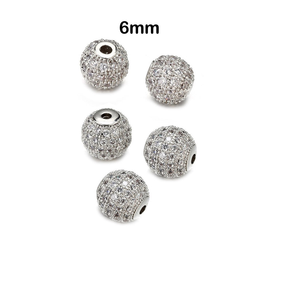 Sterling Silver CZ Zircon Round Bead, S925 Silver Ball Beads, CZ