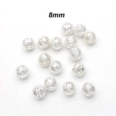 50pcs,8mm Size Hollow Ball (Jali Ball) Flower Beads Metal Charms Silver Plated Filigree Spacer Beads For Jewelry Making