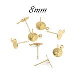 50pcs/pack 8mm Gold Plated Blank Post Earring Studs Base with loop Pins Jewelry Findings Ear Back For DIY Making