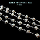 1 METER PACK' BEST QUALITY, UNISEX JALI BALL BEADED CHAIN, SIZE' 5 MM, SILVER PLATED