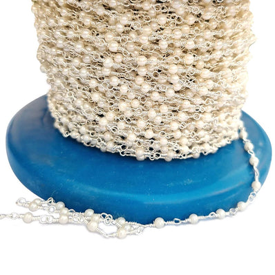 1 METER PACK' BEST QUALITY, UNISEX PEARL BEADED CHAIN, SIZE: 3 MM, SILVER PLATED