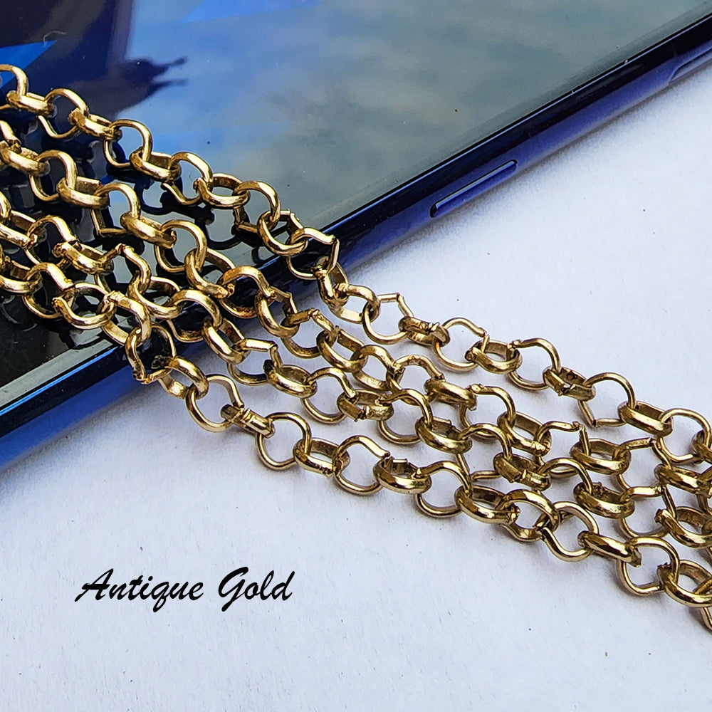 2 PIECES CUTTING PACK OF 70-75 CM LONG' ANTIQUE GOLD POLISHED' 4 MM ALLOY METAL PLATED CHAIN