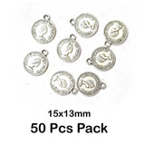 50 Pcs Pack, Oxidized Plated 15x13mm Coin Charms Pendant for Jewelry