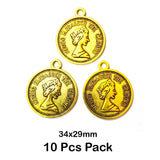 10 Pcs Pack, Oxidized Plated 34x29mm Coin Charms Pendant for Jewelry