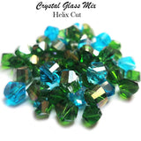 100 Pcs Pkg. Helix Cut Green and Turquoise color, size encluded 8mm and 10mm