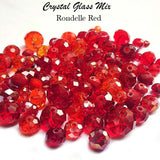 50 Grams Pkg. Red color, Rondelle Faceted Crystal Mix size glass beads Size mostly encluded as 6mm, 8mm, 10mm, to some extent 4mm and 12mm mixed